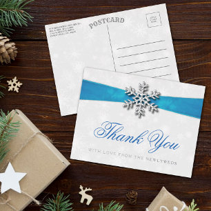 Carte Postale D'invitation À Feuilles D'aluminium Diamante Snowflake & Blue Ribbon Mariage d'hiver