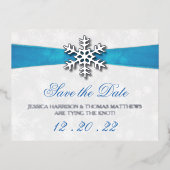 Carte Postale D'invitation À Feuilles D'aluminium Diamante Snowflake & Blue Ribbon Mariage d'hiver (Recto)