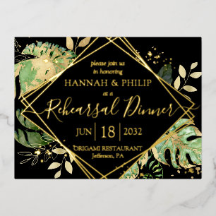 Carte Postale D'invitation À Feuilles D'aluminium Dîner de Répétition Tropical Moderne Or