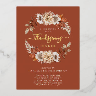 Carte Postale D'invitation À Feuilles D'aluminium Dîner de Thanksgiving Fleurs d'Automne Terracotta