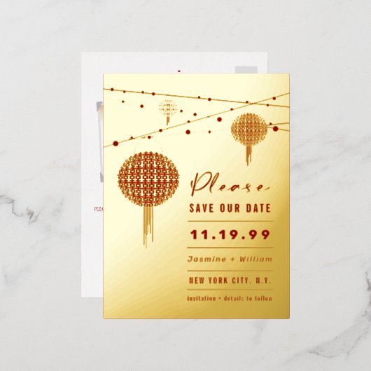 Carte Postale D'invitation À Feuilles D'aluminium Double Happiness Lanterns Chinois Sauvez La Date D (Recto/Verso)