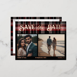 Carte Postale D'invitation À Feuilles D'aluminium Écossais Tartan Noir & Rouge Save the Date
