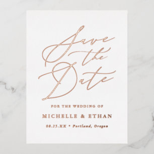 Carte Postale D'invitation À Feuilles D'aluminium Écriture calligraphique minimaliste Save the Date
