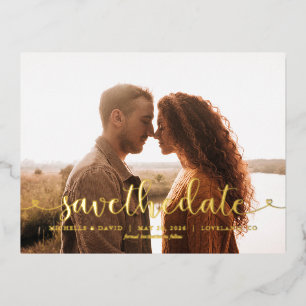 Carte Postale D'invitation À Feuilles D'aluminium Écriture Fantaisiste Photo Mariage Enregistrer la