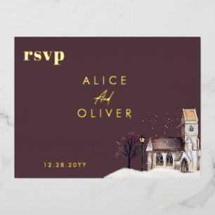 Carte Postale D'invitation À Feuilles D'aluminium Église aquarelle hiver Cérémonie religieuse RSVP