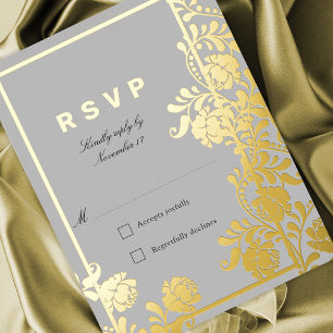 Carte Postale D'invitation À Feuilles D'aluminium Elegance Eternal Gris et or Floral RSVP