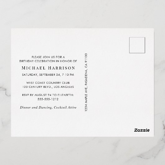 Carte Postale D'invitation À Feuilles D'aluminium Elegant Black 60th Birthday Party Gold (Verso)