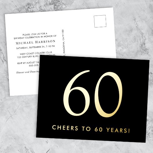 Carte Postale D'invitation À Feuilles D'aluminium Elegant Black 60th Birthday Party Gold