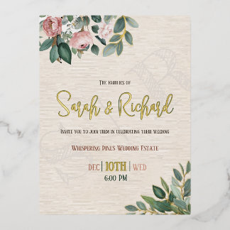 Carte Postale D'invitation À Feuilles D'aluminium Élégant Blush Floral Monogram Mariage