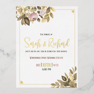 Carte Postale D'invitation À Feuilles D'aluminium Élégant Blush Peony Gold Foil Mariage botanique