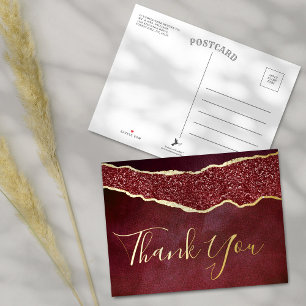Carte Postale D'invitation À Feuilles D'aluminium Elégant Bourgogne Agate Mariage Merci réel