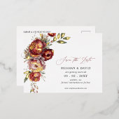 Carte Postale D'invitation À Feuilles D'aluminium Élégant Burgundy Blush Floral Enregistrer la date (Recto/Verso)