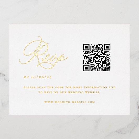 Carte Postale D'invitation À Feuilles D'aluminium Elégant Code QR Mariage RSVP (Recto)