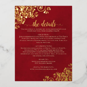 Carte Postale D'invitation À Feuilles D'aluminium Elegant Crimson Red Gold Foil Mariage Détails Cart