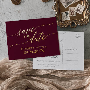 Carte Postale D'invitation À Feuilles D'aluminium Elégant Gold Foil et Bourgogne Enregistrer la date