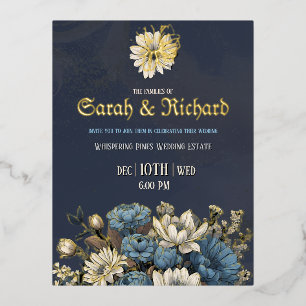Carte Postale D'invitation À Feuilles D'aluminium Elégant Mariage floral marine et or