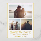 Carte Postale D'invitation À Feuilles D'aluminium Elégant mariage photo Enregistrer la date Or (Recto)