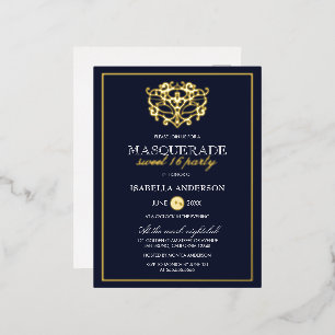 Carte Postale D'invitation À Feuilles D'aluminium Elégant Marine Bleu & Or Masquerade Sweet 16 Party