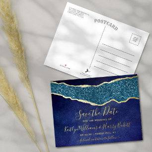 Carte Postale D'invitation À Feuilles D'aluminium Elégant Marine Blue Agate Mariage Enregistrer La D
