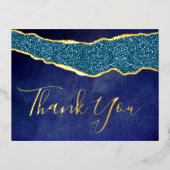Carte Postale D'invitation À Feuilles D'aluminium Elégant Marine Blue Agate Mariage Merci réel (Recto)