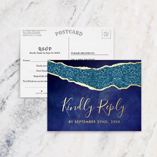 Carte Postale D'invitation À Feuilles D'aluminium Elégant Marine Blue Agate Mariage RSVP Real