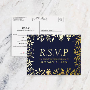 Carte Postale D'invitation À Feuilles D'aluminium Elégant Marine Blue Floral Wedding RSVP Real