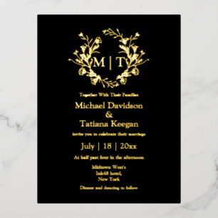 Carte Postale D'invitation À Feuilles D'aluminium élégant monogramme botanique de mariage noir et or