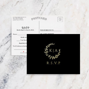 Carte Postale D'invitation À Feuilles D'aluminium Élégant Monogramme Wreath Wedding RSVP Real