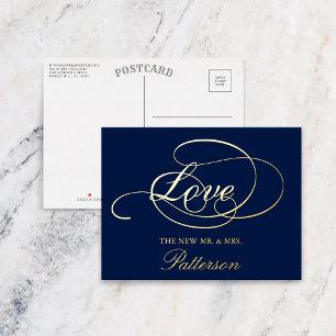 Carte Postale D'invitation À Feuilles D'aluminium Élégant Script "Amour" Mariage Merci réel
