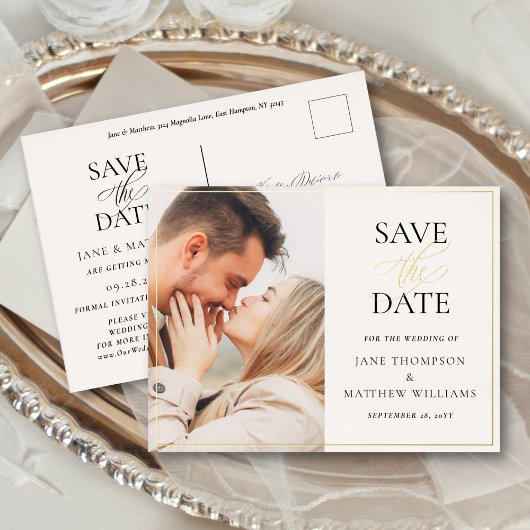 Carte Postale D'invitation À Feuilles D'aluminium Élégant script et mariage photo Enregistrer la dat