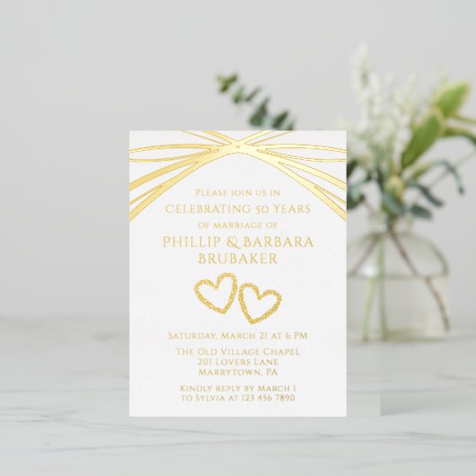 Carte Postale D'invitation À Feuilles D'aluminium Elégante Arc Golden 50e fête Mariage Anniversaire (Debout devant)