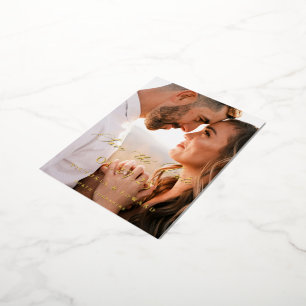 Carte Postale D'invitation À Feuilles D'aluminium Élégante typographie Photo Enregistrer la date