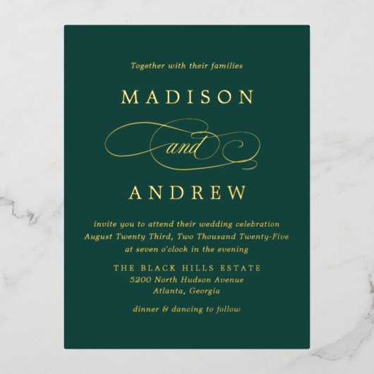 Carte Postale D'invitation À Feuilles D'aluminium Émeraude verte et Mariage d'or (Recto)