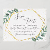 Carte Postale D'invitation À Feuilles D'aluminium Eucalyptus Géométrique Enregistrer La Date Réelle (Recto)
