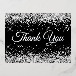 Carte Postale D'invitation À Feuilles D'aluminium Faux Paillettes Argent Noir Remerciement 40e Anniv