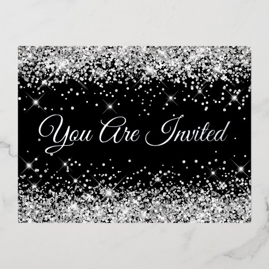 Carte Postale D'invitation À Feuilles D'aluminium Faux Parties scintillant d'argent sur Black 40e an (Recto)