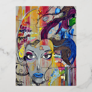 Carte Postale D'invitation À Feuilles D'aluminium Femme créative Art psychédélique Graffiti