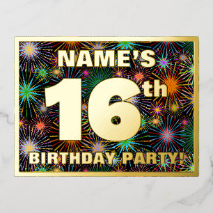 Carte Postale D'invitation À Feuilles D'aluminium Fête d'anniversaire 16 ans : Feu d'artifice audaci