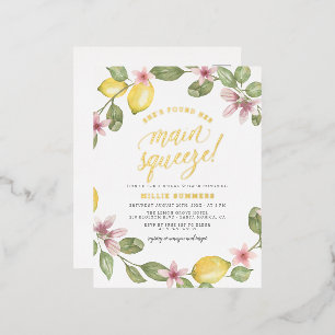 Carte Postale D'invitation À Feuilles D'aluminium Fête des mariées de couronnes de citron fleuri