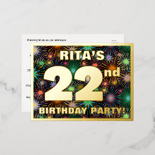 Carte Postale D'invitation À Feuilles D'aluminium Fête du 22e anniversaire : Bold, look de Colorful