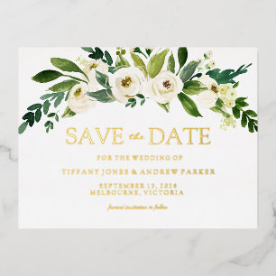 Carte Postale D'invitation À Feuilles D'aluminium Fleurs Blanches Fleur Mariage Enregistrer La Date