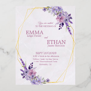 Carte Postale D'invitation À Feuilles D'aluminium Fleurs de teintes de pourpre poussiéreux Mariage g