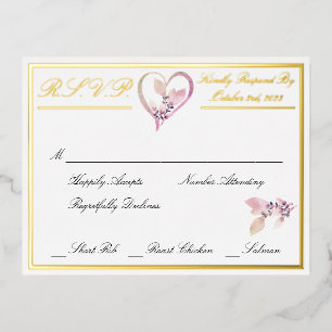 Carte Postale D'invitation À Feuilles D'aluminium Floral Elegant Blanc Mariage RSVP Gold