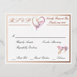 Carte Postale D'invitation À Feuilles D'aluminium Floral Elegant Blanc Mariage RSVP Rose Gold