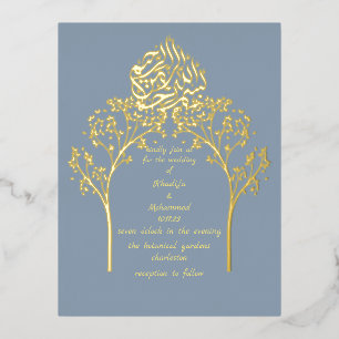Carte Postale D'invitation À Feuilles D'aluminium Floral élégant DUSTY BLUE mariage