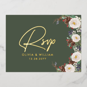 Carte Postale D'invitation À Feuilles D'aluminium Floralité de l'hiver Noël RSVP