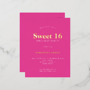 Carte Postale D'invitation À Feuilles D'aluminium Glam Hot rose Sweet 16 Anniversaire