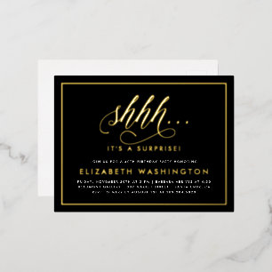 Carte Postale D'invitation À Feuilles D'aluminium Gold & Black Surprise Anniversaire