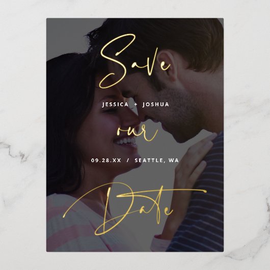 Carte Postale D'invitation À Feuilles D'aluminium Gold Foil Script Vellum Look Photo Enregistrer la  (Recto)