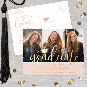 Carte Postale D'invitation À Feuilles D'aluminium Graduation Party Blush Pink 3 Photo Script moderne